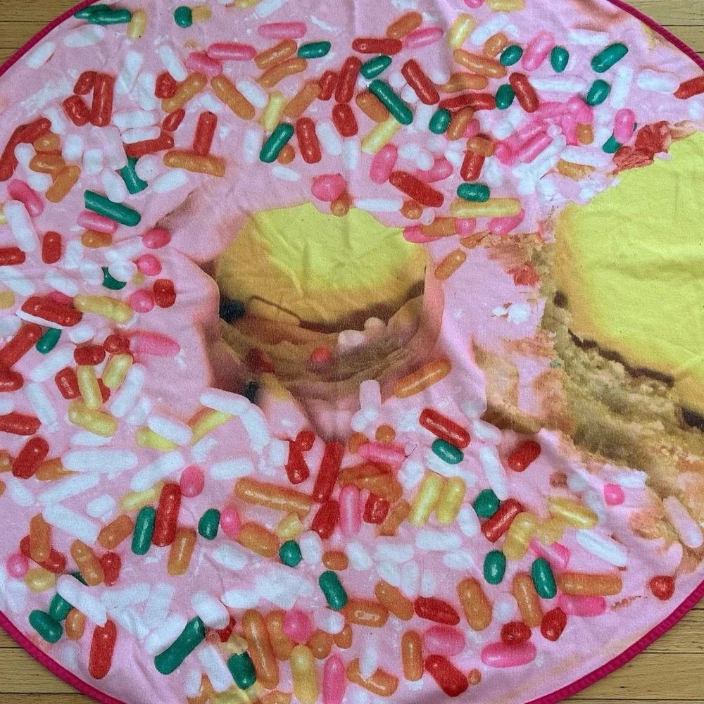 Round pool beach towel pink‎ donut & colorful sprinkles design 58” diameter